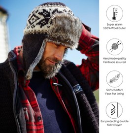 Pachamama Men Wool Trapper Hat Fur Fleece Lined Ear Flaps Handknitted Charcoal Snowflake One-Size Handmade Extra Warm Fair Trade