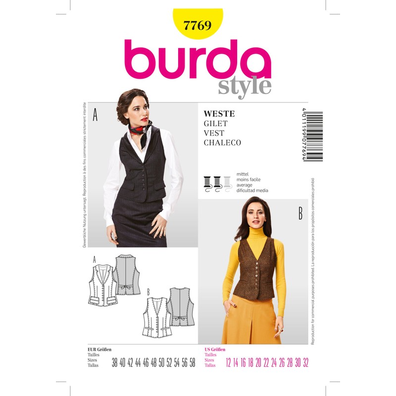 Burda Dressmaking Sewing Pattern 7769 Vest Sizes 10 – 30