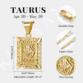 KissYan Zodiac Pendant Necklace for Women Men, 14K Gold Plated Square Constellation Sign Horoscope Figaro Chain Jewelry Birthday Gift(Taurus)
