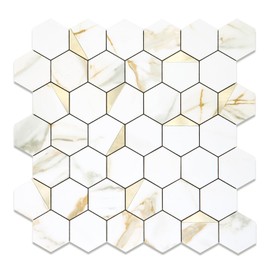 OYASIMI Hexagon Peel and Stick Backsplash Tile,12x12 inches Calacatta Gold Marble 3D PVC Wall Tiles Stick on Backsplash for Kitchen and Bathroom Sample