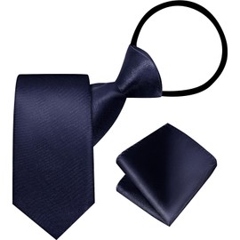 A&J DESIGN Boys Ties Necktie and Pocket Square Set Pre-Tied Zipper Tie for Wedding School Accessory Navy Blue 13 Inch