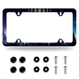 Moon License Plate Frame Starry Sky Moon Phases License Plate Cover Stainless Steel Car Accessory Rustproof Personalize Funny License Plate Holes Screws Decorative 12.3" X 6.3" for Women Men Gifts