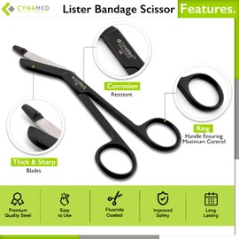 Cynamed Set of 2 Lister Bandage Scissors Tactical Black - Perfect for EMT, Paramedics, First Aid, Responders, Doctors, Nurses, Students and More (Black, 5.5 in. + 7.25 in.)
