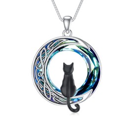 TOUPOP Black Cat Necklace 925 Sterling Silver Cat Jewelry Cat Lovers Gifts Black Cat on the Moon Necklace with Blue Circle Crystal Cat Lovers Celtic Jewelry Gifts for Women Christmas Birthday Mothers Day