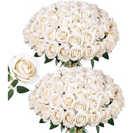 HyeFlora 50 Rosas Artificiales Color champán, Rosas Falsas con Tallo, Rosas de Seda realistas para Ramos de Boda, centros de Mesa, arreglos Florales y Baby Shower.