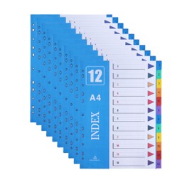 AMO HERMOSO 10 Pack 1-12 File Dividers A4 12 Part, Plastic Coloured, A4 File Binder Dividers for Lever Arch Files Ring Binders, A4 Index 11Holes (1-12 10Pack)