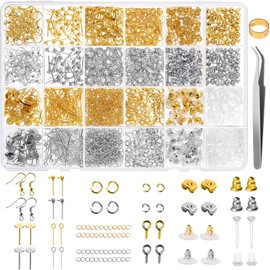 Earring Making Supplies Kit, Caffox 2900pcs Earring Hardware Pieces Repair Parts with Earring Hooks Posts Backs and Jump Rings for Making Earrings Studs and Jewelry Making (Silver & Gold)