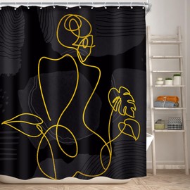 KOMLLEX Black Gold Abstract Woman Shower Curtain for Bathroom Decor 60Wx72H Inches Minimalist Modern Sketch Body Line Art Tropical Palm Leaf Aesthetic Simple Fabric Waterproof Polyester 12 Pack Hooks