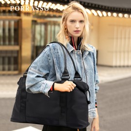 PORRASSO Travel Duffel Bag Women Carry on Bag Sport Bag Holdall Large Gym Tote Bag Shoulder Bag Weekend Bag Black