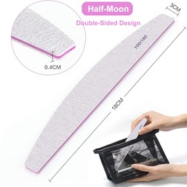 FTONOM5 6PCS Professional Nail Files 100/180 Grit, Double-Sided Durable Half-Moon Emery Boards for Acrylic/Gel/Natural Nails, Ergonomic Manicure Tools Set for Salon & Home Use Pets (White)