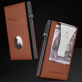 Avandona Airtag Wallet for Men - Leather Slim Wallet with Airtag Holder, Mens Minimalist Wallet with RFID Blocking & Money Clip, Gifts for Men - Light Brown