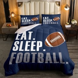 Rugby Comforter American Football Sports Bedding Set for Boys Girls Women Men Blue Eat Sleep Football Comforter Set Ball Games Room Decor Full Size Quilt Set 3Pcs