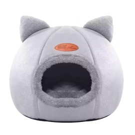 XL Gray Plush Cat Cave Bed for Indoor Cats – Cozy Semi-Enclosed Resting Space with Soft Cushion and Cat Ear Design