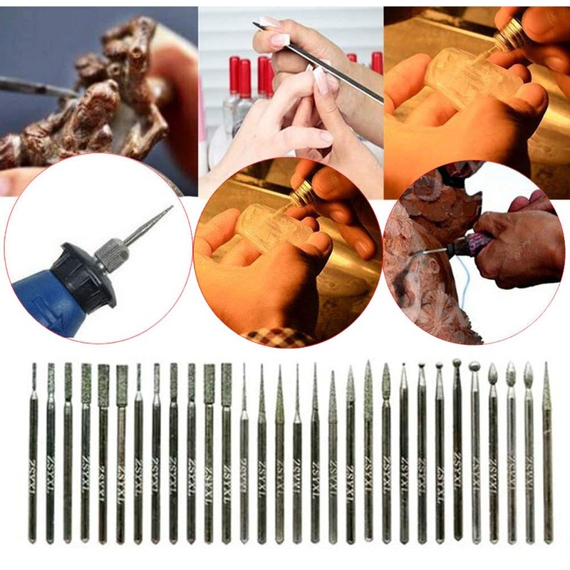 Gasea 30pcs 2.35mm Shank Diamond Coated Rotary Burr Drill Bits