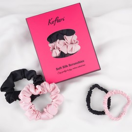 4Pcs Satin Silk Scrunchies for Women, Satin Hair Ties No Damage 2 Big & 2 Small, Soft Non-Slip Sleepy Tie Scrunchie (Fashion Black & Pink)
