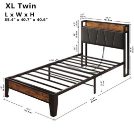 LIKIMIO Twin XL Bed Frames, Storage Headboard with Charging Station, Solid and Stable, Noise Free, No Box Spring Needed, Easy Assembly