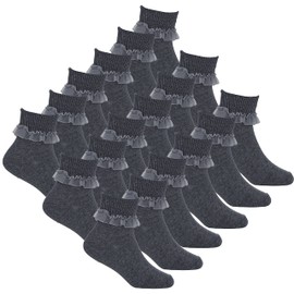 Metzuyan 9 Pairs Girls 3-Pack Frilly Socks Organza Lace Frill Back to School Grey 12.5-3.5
