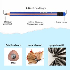 PABLUE Fat, Thick, Strong Triangular Presharpened 2B Pencils, Jumbo Wood Pencils with Eraser for Beginners, Writing, Drawing, Kids, Art, Sketching and Shading(Blue, 6 Count)