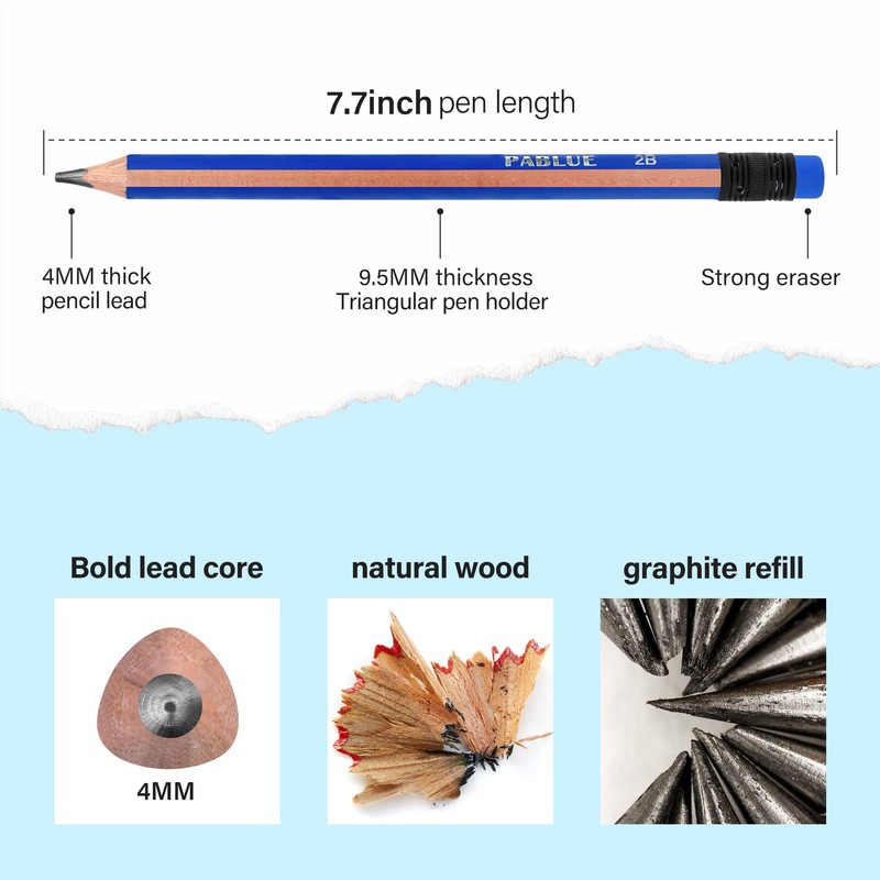 PABLUE Fat, Thick, Strong Triangular Presharpened 2B Pencils, Jumbo Wood