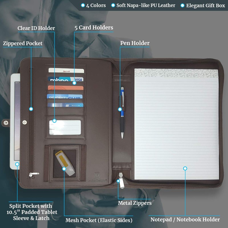 Dark Brown Zippered Portfolio Binder - PU Leather Business Portfolio