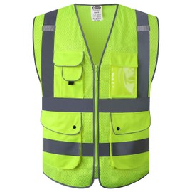 JKSafety 9 Pockets High Visibility Safety Vest for Men and Women, Hi-Vis Reflective Yellow Safety Vests with Zipper Front, Meet ANSI/ISEA Class 2 Type R(159-Yellow M)