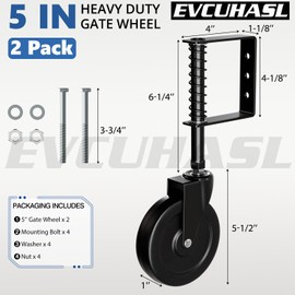 EVCUHASL 5" Spring Loaded Gate Caster Wheel, Heavy Duty Gate Wheels with 360° Swivel for Outdoor Wooden Gates, Fence Gates and Metal Tube Gate, 220 Lbs Capacity, Black, 2 Pack