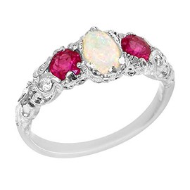 925 Sterling Silver Real Genuine Opal and Ruby Womens Band Ring - Size 7