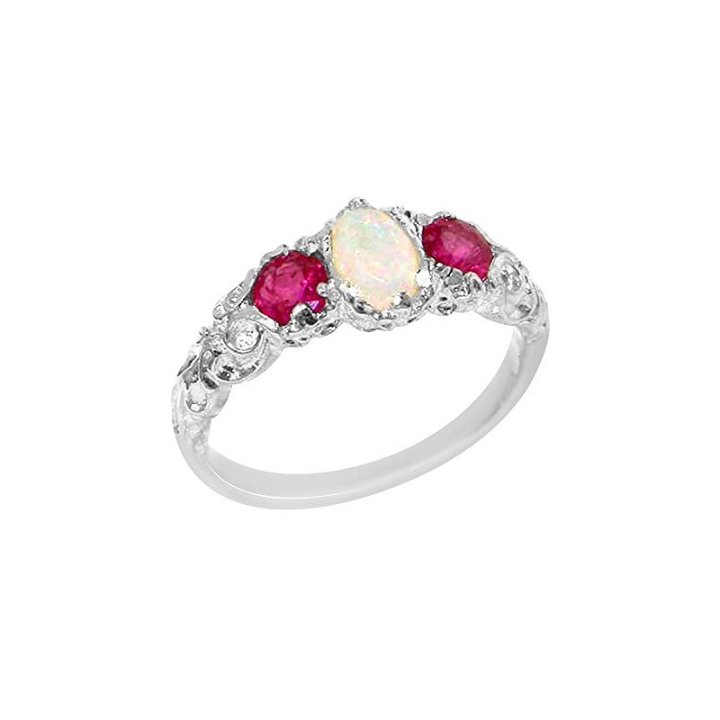 925 Sterling Silver Real Genuine Opal and Ruby Womens Band