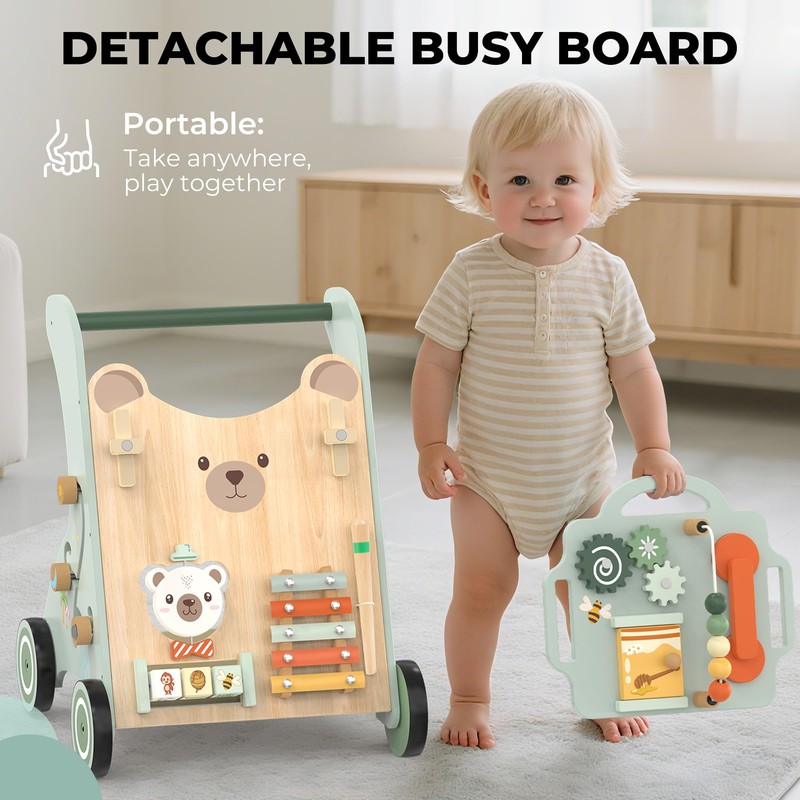 WOODMAM Wooden Baby Walker, Adjustable Speed Baby Push Walker for