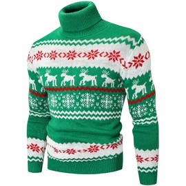 Men's Christmas Sweater, Fashion Christmas Snowflake Reindeer Knit Turtleneck Pullover Sweater Tops, Pat1 Green, Large