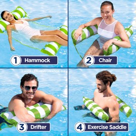 Aqua 4-in-1 Monterey Hammock Inflatable Pool Float, Multi-Purpose Pool Hammock (Saddle, Lounge Chair, Hammock, Drifter) Portable Water Hammock, Lime Green /White Stripe