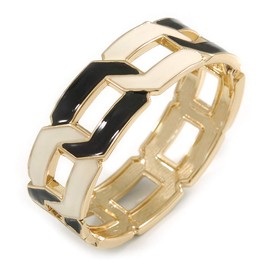 Oval Shape Cream/Black Enamel Link Hinged Bangle Bracelet In Gold Tone - Size M/L