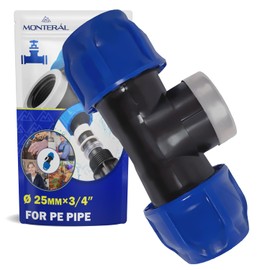 Screw Connection T Piece Diameter 25 mm x 3/4 Inch with Angle 90° and Internal Thread Reinforced with Galvanised Steel Ring Made of Polypropylene PP Fitting for Connecting Polyethylene PE Pipe