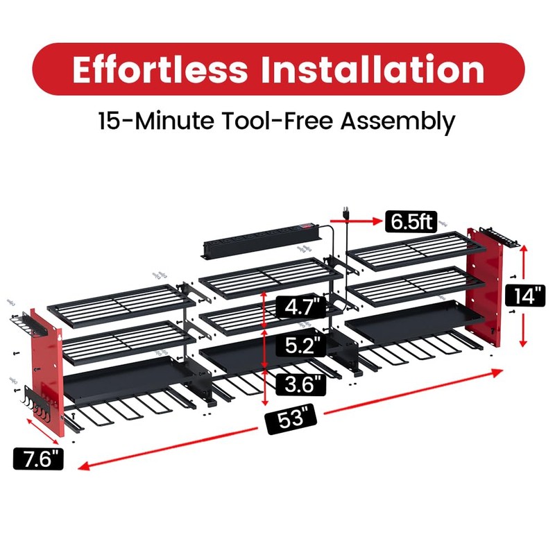 53" Power Tool Organizer Wall Mount with Power Strip, Heavy