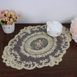 Retro French Style Lace Placemats, French Crochet Doilies, Handmade Embroidered Table Mats,Hollow Home Living Room Coffee Table Cloth Dust Cover Retro Decoration (Apricot)