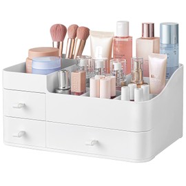 Suyoo Make-up-Organizer mit Schubladen, schicker Arbeitsplatten-Aufbewahrung für Kosmetik, eleganter Schminktisch-Halter für Pinsel, Lidschatten, Lotionen, Lippenstift, Nagellack und Schmuck (weiß)