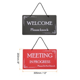 PATIKIL Meeting in Progress Do Not Disturb Door Hanger Sign, PVC Double Sided Welcome Please Knock Door Sign Decor for Office, Meeting, Session, Home, Recording, Red Black, 12" x 8"