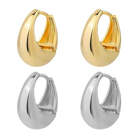 2 Pairs Thick Hoop Earrings Gold Silver Small Women's Golden Earrings Gold-Plated Chunky Hoops Gold Silver Gift for Women Girlfriend Mum Girls, Silver