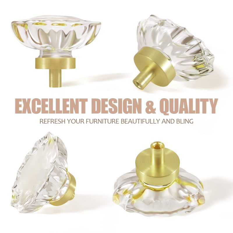 SHINY HANDLES Satin Brass Glass Cabinet Knobs,Clear Crystal Drawer Pulls