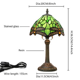 wecrejoni Tiffany Lamp Green Dragonfly Stained Glass Table Lamp 8X8X14 Inches Green Dragonfly Style Desk Reading Light Decor Beside Bedroom Living Room Home (H1057-Green Dragonfly)