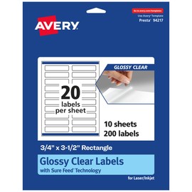 Avery Glossy Clear Rectangle Labels, Sure Feed Technology, 0.75" x 3.5", 200 Glossy Clear Labels, Print-to-The-Edge, Laser/Inkjet Printable