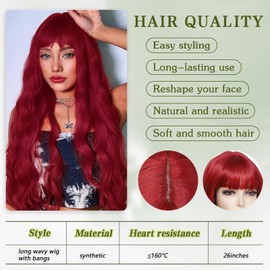 Angzon Red Wig With Bangs Long Curly Wavy Red Wigs for Women 26 Inches Natural Looking Heat Resistant Fiber Wig for Daily Party Use