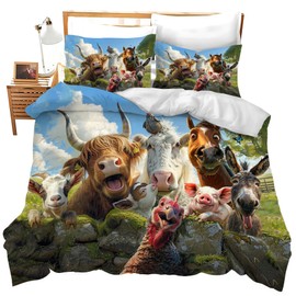 Funny Animals Bedding Set 3 Pieces Soft Lightweight Microfiber Farmhouse Cow Donkey Pig Bedspread Coverlet Set Fun Horse Duvet Cover Twin Full Queen King for Comforter Bed Set for Girls Boys Women Men