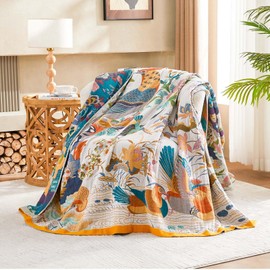 XIBLC Fall Throw Blanket for Couch, Yellow Boho Decorative Throw Blanket, 100% Cotton Muslin Breathable Woven Farmhouse Blankets Quilt, 60"x80" Reversible Lightweight Blankets Bohemian Throw Quilt