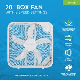 DENALI AIRE 1DAFBX20 20 Inch Box Fan with 3 Speed Settings, Weather Resistant, Easy Carry Handle, Recessed Cord Storage, White