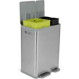 Simpli-Magic 60 Liter / 16 Gallon Rectangular Hands-Free Dual Compartment Recycling Kitchen Step Trash Can with Soft-Close Lid, Brushed Stainless Steel (38L x 22L Capacity)