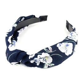 Navy blue flower headband Turban Knot knotted floral fabric covered grip teeth twist hair accessory