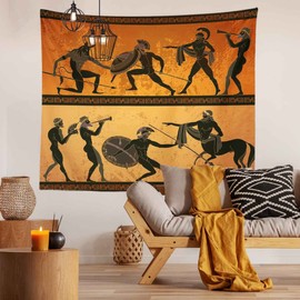 Ancient Greece Warrior Tapestry, Minotaur Hunting Centaur Black Figure Pottery Classical Greek Style Gods Wall Hangings Tapestry for Bedroom Living Room Office Dorm Man Cave Background(60x40 Inch)