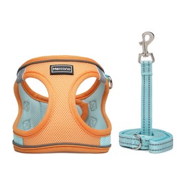 Mercano Soft Mesh Dog Harness and Leash Set, No-Chock Step-in Reflective Breathable Lightweight Easy Walk Escape Proof Vest Harnesses with Safety Buckle for Small Medium Dogs, Cats (S, Orange Blue)