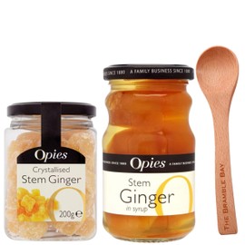 Stem Ginger Bundle contains Opies Crystallised Stem Ginger 200g and Ginger in Syrup 280g, Wooden Spoon